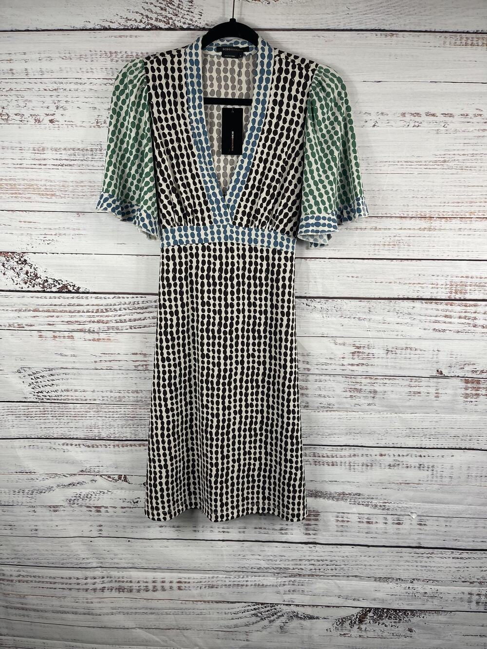 BCBGMAXAZRIA Dress Womens Small Multicolor Dot Print V Neck Tie Back Knee Length